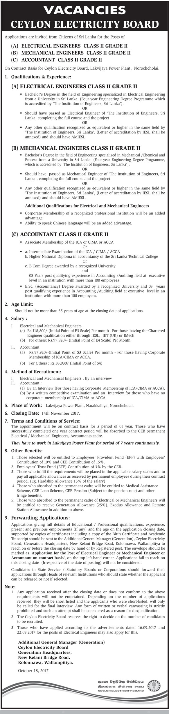 Accountant, Electrical Engineer, Mechanical Engineer - Ceylon Electricity Board